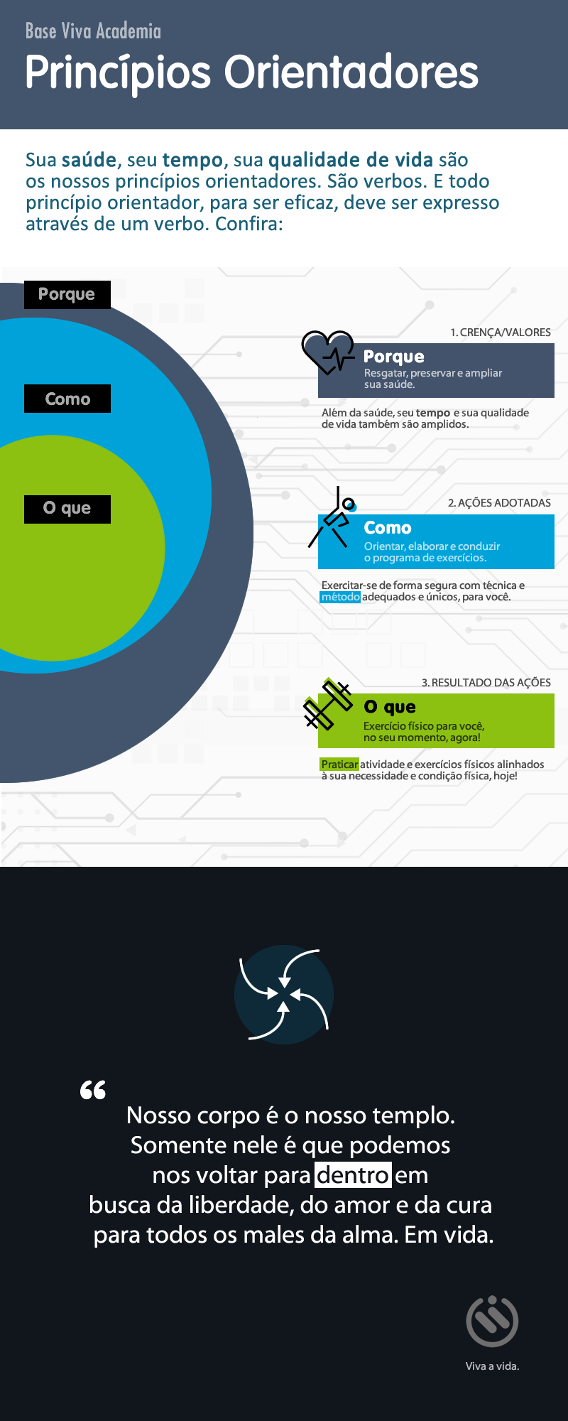 Infográfico: Princípios orientadores da Base Viva Academia.
